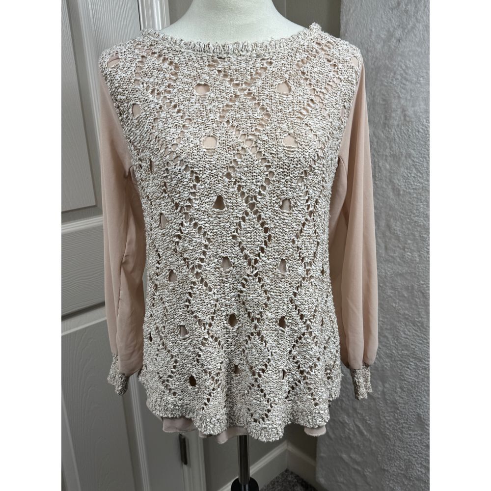 John Fashion Women Top Crochet Knit Sheer Sleeve‎ Bow Back Detail Crochetcore L